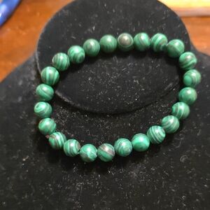 Green Beaded Stretch Bracelet - Polished Malachite Look